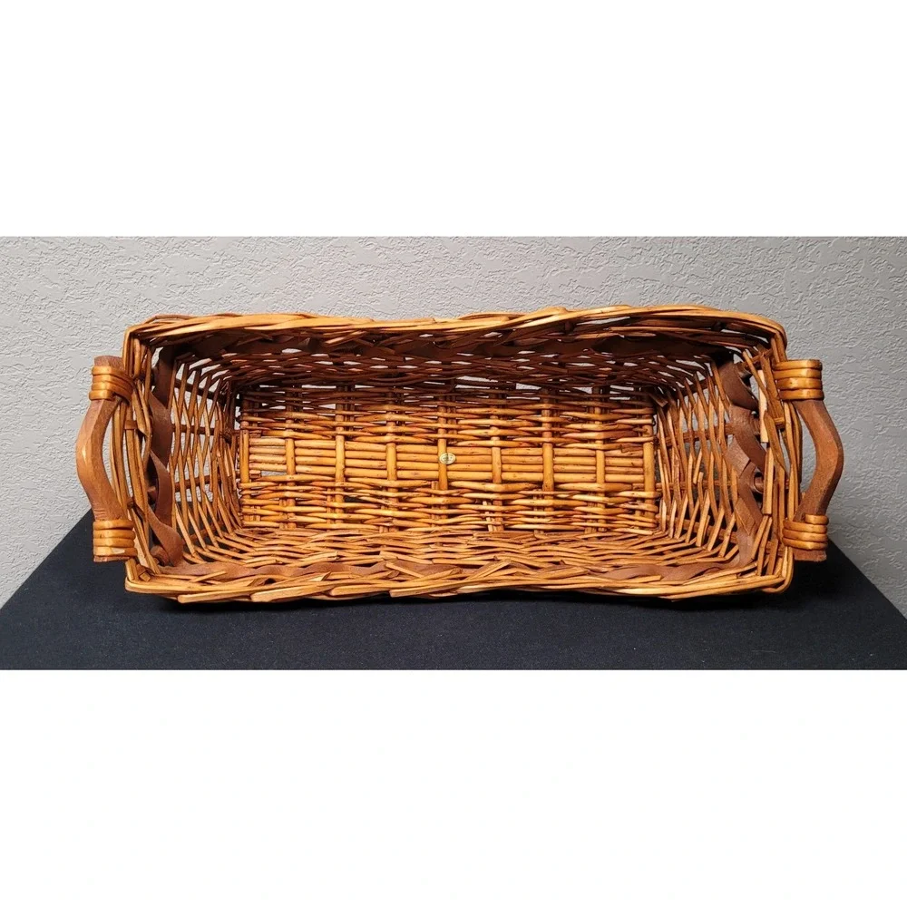 Vintage 1980s Wicker and Chipwood Rectangular Serving Basket with Wood Handles